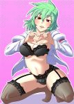  bad_id black_bra black_panties bra breasts brown_legwear female garter_belt garter_straps geneil green_hair heart heart_hands kamina_koharu kanna_koharu kazami_yuuka lace lace-trimmed_thighhighs lingerie navel no_pants open_clothes open_shirt panties red_eyes shirt short_hair solo squatting thighhighs touhou underwear youkai yuka_kazami 