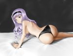 1girl ass bed black_eyes black_panties breasts hairband idolmaster long_hair looking_at_viewer lying on_bed on_side panties purple_hair shijou_takane sideboob silver_hair smile solo sst takane_shijou topless underwear