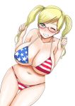 1girl american_flag_bikini aqid bikini blonde_hair blue_eyes breasts cleavage female flag_print freckles glasses huge_breasts kaneda_(aqid) long_hair looking_at_viewer navel one_eye_closed original simple_background solo swimsuit thigh_gap twintails white_background wink