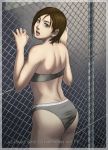 1girl against_fence alluring ass azasuke back blue_eyes bra brown_hair chain-link_fence female_only fence green_eyes grey_bra grey_panties highres jill_valentine lingerie looking_back open_mouth panties resident_evil resident_evil_3 short_hair solo_female underwear underwear_only