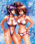 2girls ayane ayane_(doa) bikini breasts brown_eyes brown_hair cleavage crossover dead_or_alive el_blanco female high_ponytail kunoichi_(sengoku_musou) long_hair multiple_girls navel one_eye_closed purple_eyes purple_hair sengoku_musou sengoku_musou_3 short_hair sling_bikini snow swimsuit tecmo wink