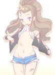 1girl armband bandaid blue_eyes brown_hair bruise cutoffs denim denim_shorts female injury long_hair moran mouth_hold navel nintendo pokemon pokemon_(game) pokemon_bw ponytail shirt_in_mouth shirt_lift short_shorts shorts sweat touko_(pokemon) unbuttoned vest wristband