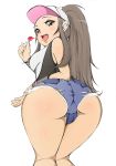 ass bare_legs bare_shoulders baseball_cap bent_over big_ass blush breasts brown_eyes brown_hair cameltoe candy denim denim_shorts female female_protagonist_(pokemon_bw2) from_behind game_freak hat hilda_(pokemon) huge_ass humans_of_pokemon jeans lollipop long_hair looking_back mandalin nintendo open_mouth payot pokemon pokemon_(anime) pokemon_(game) pokemon_black_2_&_white_2 pokemon_black_and_white pokemon_bw pokemon_bw2 ponytail saliva short_shorts shorts sidelocks solo tongue torn_clothes torn_jeans touko_(pokemon) vest white_(pokemon) wristband