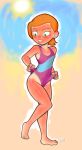  ben_10 ear_piercing earrings green_eyes gwen_tennyson jewelry looking_down orange_hair piercings shiny shiny_skin short_hair smile solo sunburn swimsuit tan tan_line 