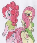  ass blue_eyes cutie_mark dress dress_lift embarrassing fluttershy friendship_is_magic green_eyes kamehamehadude long_hair looking_back my_little_pony pink_hair pinkie_pie shy skirt skirt_lift tongue wings 