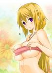 1girl between_breasts blonde_hair breasts character_request charlotte_dunois female infinite_stratos jewelry navel necklace purple_eyes solo strapless tubetop undersized_clothes yahiro_pochi