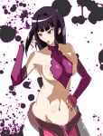 abs bare_shoulders black_hair blush breasts capcom hakari_(ny108) juri_han long_hair midriff navel nipples no_panties pubic_hair pubic_hair_peek purple_eyes solo street_fighter