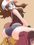 1girl ass bare_shoulders baseball_cap blue_eyes blush brown_hair denim denim_shorts facesitting female hat helga huge_ass jean_shorts looking_at_viewer looking_back naitou_kouse no_nose pawg pikachu pokemon pokemon_(game) pokemon_black_and_white pokemon_bw shorts sitting sitting_on_face sitting_on_person touko touko_(pokemon) wariza white_(pokemon)