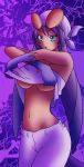 bandanna blue_eyes breasts clothing cool_colors eyewear female goggles hair high_res human humanized long_hair long_purple_hair midriff navel pants purple_hair purple_theme rabidraccon sega solo sonic_(series) sonic_riders sunglasses tattoo underboob undressing wave_the_swallow