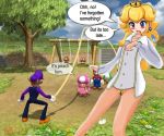 2_females 2_girls 2_males 2boys 2girls blonde_hair blush bottomless clothed crown english_text female female_human group hair hat headgear human long_hair looking_at_viewer male male_human mario multiple_boys multiple_girls mushroom_people nintendo no_panties outdoor playground princess_peach pubic_hair public pussy sitting solo_focus speech_bubble standing super_mario super_mario_bros. text toad_(mario) toad_(mario_species) toadette video_games waluigi yoshi