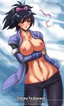 big_breasts black_hair blush breasts brown_eyes john_joseco navel nipples no_bra open_clothes pubic_hair pussy ribbon sheena_fujibayashi smile solo tales tales_of_symphonia thong-revolution