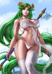 1girl alluring bra breasts dandon_fuga female_abs green_eyes green_hair high_res holding holding_staff legwear lingerie nintendo palutena panties staff standing tagme uncensored underwear white_bra white_legwear white_panties