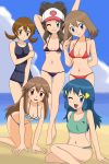  5girls :d ;d all_fours alluring alternate_costume aqua_bikini arm_behind_back arm_behind_head armpits arms_up barefoot baseball_cap beach bikini black_hair blue_(pokemon) blue_bikini blue_eyes blue_hair blue_swimsuit blurry blush breasts brown_eyes brown_hair cleavage cloud competition_swimsuit dawn depth_of_field feet female finger_to_face flipped_hair grey_hair groin hair_ornament half_updo haruka_(pokemon) hat high_ponytail highres hikari_(pokemon) holding_arm kotone_(pokemon) kuro_hopper kusakabe330 leaf_(pokemon) legs_crossed light_smile long_hair lowleg lowleg_bikini may micro_bikini mound_of_venus multiple_girls navel nintendo ocean oekaki on_ground one-piece_swimsuit one_eye_closed open_mouth outdoors piplup pointing pokemon pokemon_(game) pokemon_black_and_white pokemon_bw pokemon_diamond_and_pearl pokemon_dppt pokemon_firered_and_leafgreen pokemon_frlg pokemon_gsc pokemon_heartgold_and_soulsilver pokemon_hgss pokemon_rgby pokemon_rse ponytail red_bikini red_eyes school_swimsuit short_twintails sidelocks sitting sky small_breasts smile sports_bikini striped striped_bikini striped_swimsuit swimsuit tankini thigh_gap touko_(pokemon) twintails very_long_hair water wavy_hair white_(pokemon) white_bikini white_swimsuit wide_hips wink 