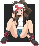 1girl bad_id baseball_cap blue_eyes blush boots brown_hair denim denim_shorts female hat hat_tip kuro_hopper kusakabe330 nintendo oekaki pokemon pokemon_(game) pokemon_black_and_white pokemon_bw ponytail short_shorts shorts smile solo spread_legs tank_top touko_(pokemon) trainer vest white_(pokemon)