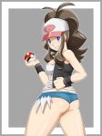 1girl ass baseball_cap blue_eyes brown_hair butt_crack denim denim_shorts female hand_on_hip hat hips holding holding_poke_ball long_hair looking_back nintendo poke_ball pokemon pokemon_(game) pokemon_black_and_white pokemon_bw ponytail shikuta_maru short_shorts shorts simple_background smile touko_(pokemon) vest white_(pokemon) white_border wristband