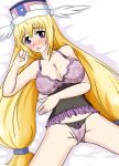 blonde_hair blush breasts hat lingerie long_hair lying nipples on_back panties purple_eyes purple_panties see-through solo ufo_princess_valkyrie underwear valkyrie_(ufo_princess_valkyrie)