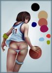 1girl absurdres ass basketball basketball_uniform border brown_hair butt_crack from_behind highres iorlvm looking_back no_pants original panties short_hair solo sportswear underwear white_panties