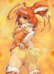  1girl ahoge ass ass_grab breasts breasts_outside cure_sunny eyelashes hair_bun hino_akane hino_akane_(smile_precure!) hisahiko magical_girl nipples no_panties open_mouth orange_(color) orange_background orange_eyes orange_hair precure pussy see-through short_hair smile smile_precure! solo uncensored 