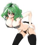  1girl bad_id bent_over black_bra black_legwear black_panties black_thighhighs blush bra breasts cleavage female garters green_hair highres kazami_yuuka lace large_breasts lingerie midriff navel panties red_eyes short_hair smile solo thighhighs toono_yayoi touhou underwear youkai yuka_kazami 