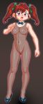 1_female 1_girl 1_human 1girl bakusou_kyoudai_let's_go_max blue_eyes blush body_stocking bodystocking bow breasts brown_background brown_hair female female_human female_only fishnet_bodysuit fishnet_top fishnets full_body genka_ichien hairless_pussy high_heels highres hips legs long_hair navel nipples oogami_marina open_mouth outline purple_eyes pussy red_hair see-through shoes simple_background solo standing surprised twin_tails twintails uncensored