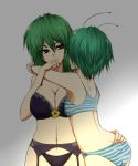 2girls antenna antennae ass ass_grab back bad_id black_bra black_panties bra breasts butt_crack cleavage couple female flower garter_belt green_hair ifuji_sakura kazami_yuuka large_breasts lingerie multiple_girls mutual_yuri navel panties short_hair striped striped_bra striped_panties thong touhou underwear underwear_only wriggle_nightbug youkai yuka_kazami yuri