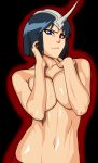 1girl arrancar belly big_breasts black_hair bleach blue_eyes blue_hair bob_cut breast_squeeze breasts covered covering covering_breasts emilou_apacci eyeliner hair heterochromia highres horn large_breasts makeup midriff navel pose posing red_eyes short_hair skull solo ssjdubby topless