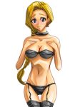 bianca_(dragon_quest) bianca_whitaker black_bra black_panties blonde_hair blue_eyes blush bra braided_hair dragon_quest dragon_quest_v hair_over_shoulder huge_breasts lingerie long_hair miyabi_(pixiv) navel panties single_braid solo square_enix