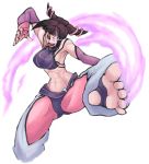 1girl abs armpits baggy_pants barefoot belt black_hair breasts brown_hair capcom chaps crop_top drill_hair feet fighting_stance fingerless_gloves foreshortening gloves glowing glowing_eye glowing_eyes halter_top halterneck juri_han kicking large_breasts leg_lift midriff muscle nail_polish navel pants pink_nails pov_feet short_twintails sideboob solo street_fighter street_fighter_iv street_fighter_iv_(series) teruki toeless_socks toes tongue twin_drills twintails