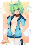 :3 :p absurd_res absurdres ahoge animal_ears blush breasts cat_ears cat_tail collar dodome-iro_mayonnaise dodome_(sharon) green_eyes green_hair groin high_res highres hood hoodie mound_of_venus navel no_bra no_pants open_clothes open_hoodie original panties paw_print sharon_(dodomayo) short_hair solo stockings striped striped_panties tail thigh_gap thighhighs tongue tongue_out underwear unzipped white_legwear zipper |_|