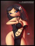 big_breasts black_hair blue_eyes breasts cleavage disney dress flower innocenttazlet isabella_garcia-shapiro long_hair nipples no_panties phineas_and_ferb shiny shiny_skin solo wardrobe_malfunction