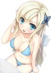  1girl big_breasts bikini blonde_hair blue_eyes boku_wa_tomodachi_ga_sukunai breasts butterfly_hair_ornament chair from_above hair_ornament kashiwazaki_sena large_breasts long_hair shiva_(executor) sitting siva_(executor) solo swimsuit 