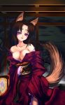 1girl animal_ears areola areolae bare_shoulders big_breasts breasts brown_hair cleavage coffee_cat copyright_request high_res highres japanese_clothes kimono kitsune large_breasts long_hair purple_eyes solo tail