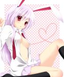 1girl animal_ears bad_id black_kneehighs black_legwear breasts bunny_ears cleavage dress_shirt etou_(cherry7) female footwear heart heart_of_string high_res highres kneehighs legs long_hair navel neck_tie necktie no_bra open_clothes open_shirt open_skirt pink_hair purple_hair red_eyes red_necktie reisen_udongein_inaba shirt sitting skirt socks solo touhou undone_necktie