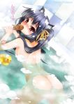 1girl animal_ears ass azusa_nakano back bath bathtub blue_hair blush cat_ears convenient_censoring foam food hair_ribbon k-on! long_hair miiru mouth_hold nakano_azusa nude nyan orange_eyes ribbon rubber_duck solo taiyaki twin_tails twintails uncensored wagashi water