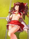 1girl areola areola_slip areolae blurry blush bow breasts brown_eyes brown_hair convenient_leg depth_of_field detached_sleeves female frills groin hair_bow hair_tubes hakurei_reimu high_res highres ladic long_hair looking_away lying midriff mound_of_venus navel no_bra on_back panties panty_pull reimu_hakurei shiny shiny_skin shirt_lift skirt skirt_lift solo tatami tears touhou underboob underwear