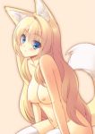 1girl animal_ears blonde_hair blue_eyes blush breasts brown_hair fox_ears fox_tail long_hair nanashi_(soregashi) navel nipples nude original sitting solo stockings tail thighhighs very_long_hair white_legwear