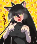 1girl ahoge animal_ears bad_id bare_shoulders big_breasts black_hair blush breasts cat_ears embarrassed fang fangs female hakurei_miko kemonomimi_mode long_hair m.u.g.e.n one-piece_thong open_mouth original paw_pose sendai_hakurei_no_miko slit_pupils solo tai_takeshi tears touhou very_long_hair yellow_eyes