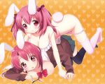  2girls animal_ears blush bra breast_press breasts bunny_ears bunny_tail cleavage collaboration hair lingerie mani mucha multiple_girls off_shoulder open_clothes open_shirt original panties panty_pull pink_eyes pink_hair piyodera_mucha sakura_(mani) shirt stockings strap_slip tail thighhighs underwear usashiro_mani 