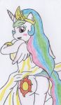  ass blush cutie_mark dress dress_lift friendship_is_magic jewelry kamehamehadude long_hair looking_back multicolored_hair my_little_pony no_panties pink_eyes princess_celestia smile solo sun tiara wings 