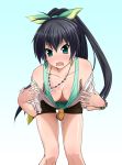  1girl bent_over black_hair blush breasts down_blouse downblouse fang ganaha_hibiki hamster hamuzou hibiki_ganaha idolmaster jewelry navel necklace oomugi_genmai ponytail shorts 