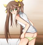 1girl angry ass bad_id bare_shoulders blush brown_hair fang from_behind green_eyes green_panties hair_ribbon huang_lingyin infinite_stratos long_hair minatsuki_nao open_mouth panties panty_pull ribbon solo twin_tails twintails underwear undressing