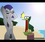  2012 beach beast_boy bikini bird blush breasts cleavage closed_eyes dc_comics funny grey_skin hair jaw_drop nipples non-nude ocean open_mouth pale_skin raven_(dc) shiny shiny_skin short_hair surprise teen_titans teeth toongrowner 