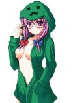 1girl adjusting_glasses alternate_costume alternate_hairstyle bespectacled big_breasts blush bow breasts bust cleavage creeparka creeper female glasses hair_bow hand_in_pocket hood hoodie large_breasts long_hair looking_at_viewer minecraft naked_hoodie navel no_bra patchouli_knowledge payot purple_eyes purple_hair semi-rimless_glasses sidelocks simple_background smile solo touhou under-rim_glasses upper_body white_background yumi_(careca398)