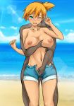 1boy 1girl 64_(xfour) ;d aqua_eyes arm arms art babe bad_id bald bare_arms bare_legs bare_shoulders beach big_breasts blush breast_grab breast_hold breasts cloud collarbone couple dark_skin denim denim_shorts faceless faceless_male fingering from_behind from_behind_position grabbing grabbing_from_behind gym_leader hair_between_eyes hug_from_behind hugging interracial kasumi_(pokemon) lactation legs lens_flare looking_at_viewer misty moaning navel neck nintendo nude ocean one_eye_closed open_mouth open_shorts orange_hair pokemon pokemon_(anime) pokemon_(game) pokemon_frlg pokemon_rgby saliva sand sea shiny shiny_hair shiny_skin short_hair shorts side_ponytail sky solo_focus standing topless unzipped v