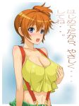 1girl alluring alternate_breast_size big_breasts blue_eyes blush breast_grab breasts breasts_grab cleavage covered_nipples cutoffs erect_nipples gigantic_breasts grabbing gym_leader highres huge_breasts humans_of_pokemon kasumi_(pokemon) large_breasts midriff misty misty_(pokemon) navel no_bra open_mouth orange_hair pokemon pokemon_(anime) pokemon_(game) pokemon_red_green_blue_&_yellow s-cap self_fondle short_hair side_ponytail solo suspenders sweat tank_top translated