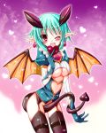 1girl between_legs blush breasts demon_tail heart lilim_(shingeki_no_bahamut) looking_at_viewer meiya_neon no_panties one_eye_closed open_mouth pointy_ears red_eyes shingeki_no_bahamut short_hair smile solo tail underboob wings wink