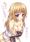 1girl akito_amakawa amakawa_akito bare_shoulders blonde_hair blush bottomless breasts charlotte_dunois high_res highres infinite_stratos jacket long_hair naked_track_jacket nipples no_bra no_panties open_clothes open_jacket open_mouth purple_eyes solo sweat track_jacket translated