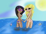  ass ass_crack bikini black_eyes black_hair blonde_hair blush breasts dark_skin disney kim_possible long_hair looking_back nipples ocean print_bikini rodent rufus smile star sun sunglasses tara_(kim_possible) water yumibow zita_flores 