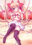 1girl :p ;p absurd_res absurdres blonde_hair copyright_request cream food fruit fujisaki_rei hair_ribbon high_res highres looking_at_viewer miniskirt naked_ribbon one_eye_closed purple_eyes ribbon sexually_suggestive skirt solo stockings strawberry thighhighs tongue tongue_out topless twin_tails twintails wink zettai_ryouiki