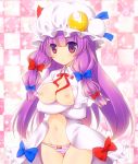 1girl big_breasts bow breasts cameltoe capelet checkered checkered_background crescent crossed_arms female hair_bow hat large_breasts long_hair looking_at_viewer nipples no_bra no_nose no_pants no_shirt open_clothes panties patchouli_knowledge payot purple_eyes purple_hair sidelocks solo striped striped_panties touhou underwear very_long_hair